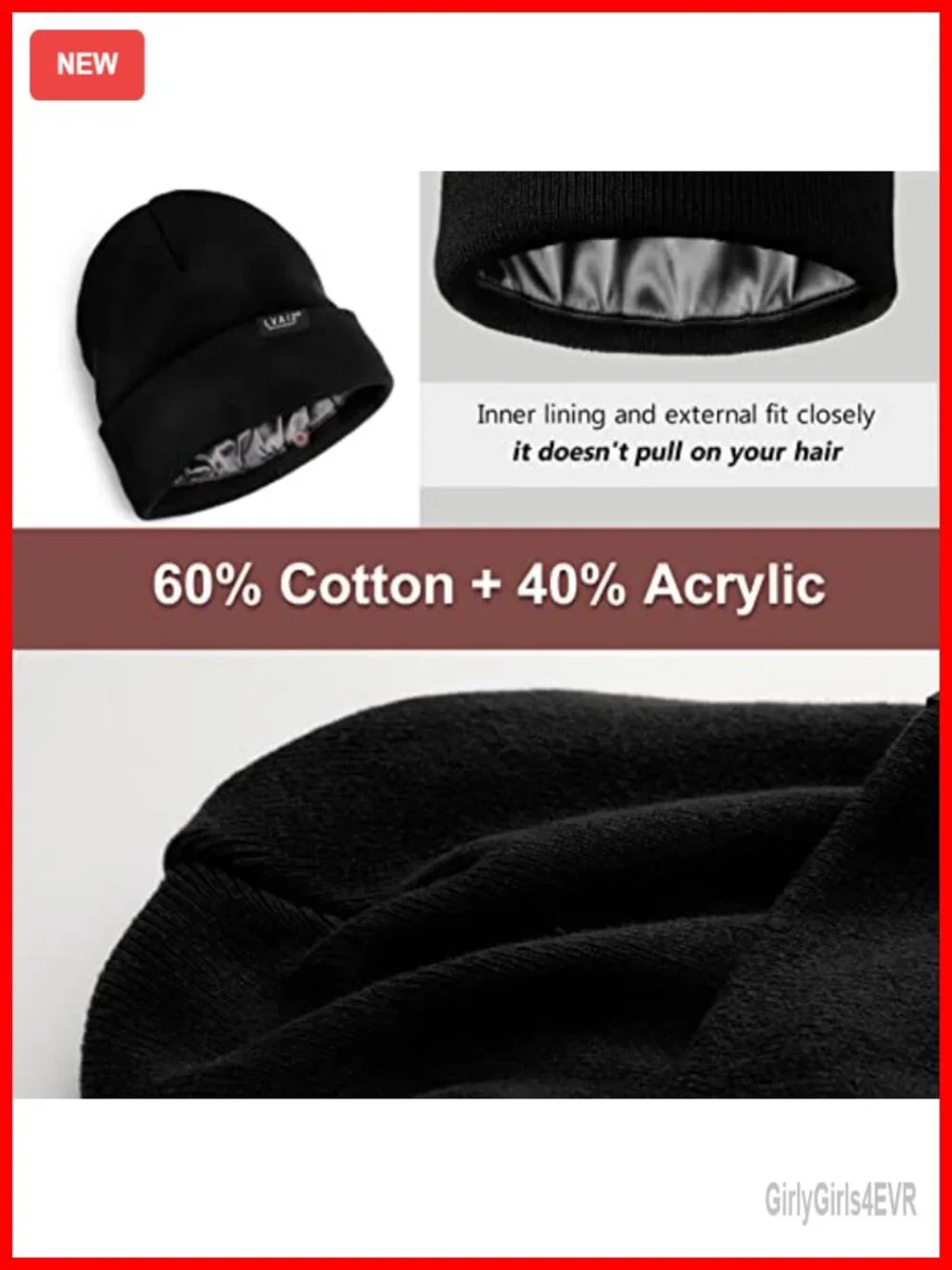 Satin Lined Winter Beanie Hat - Cotton Acrylic Knit, Slouchy Skull Cap for Women